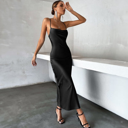 New Fashionable Back Tie Sleeveless Fitted Sexy Solid Black Bodycon Spaghetti Strap Dress D1993351