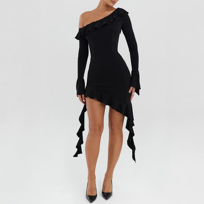 New Fashionable Asymmetric Neckline Fitted Backless Ruffled Edge Long-Sleeve Dress D1993133