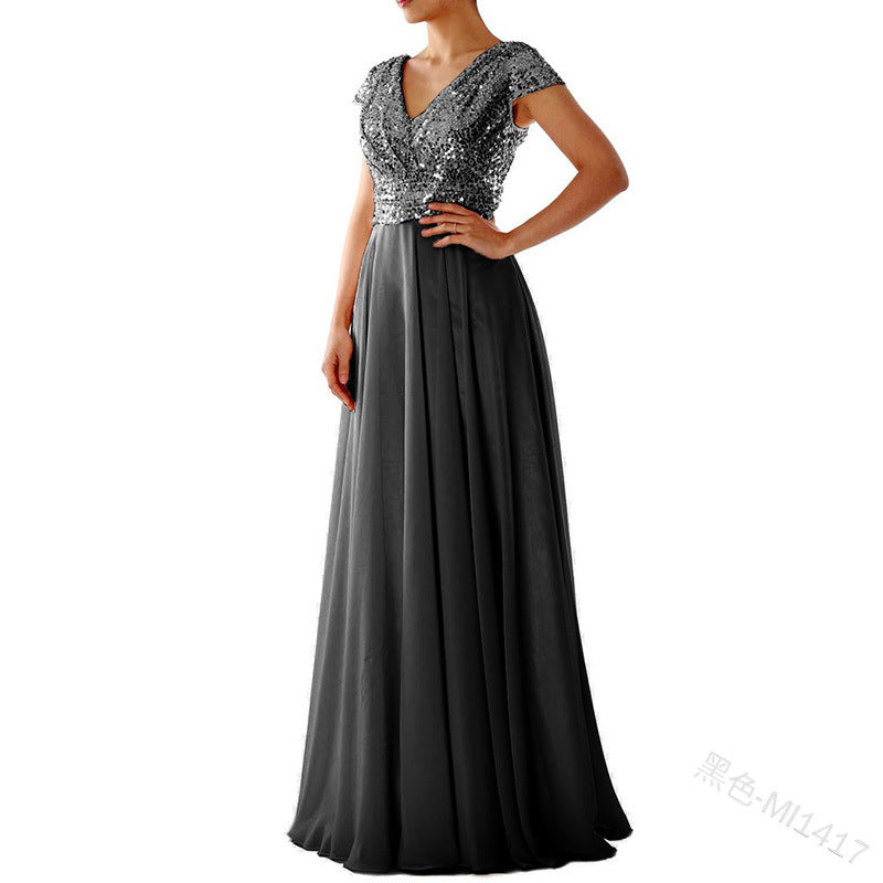 New V-Neck Sequin Chiffon Patchwork Evening Gown Maxi Dress YQ1417