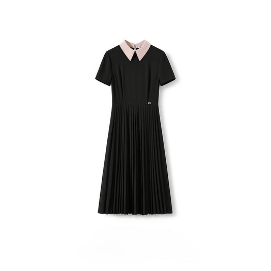 Little Black Dress Series Summer 2024 Embroidered Color-Block Short Sleeve Slim Fit Acetate Dress