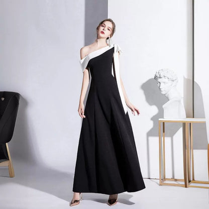 New 2024 Black One-Shoulder Elegant Socialite Evening Gown Slimming Maxi Dress for Summer  ltao678222889036