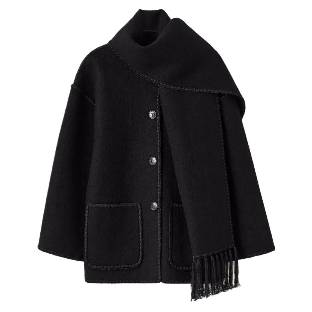 Women's Street Style Scarf Detail Patchwork Wool Coat