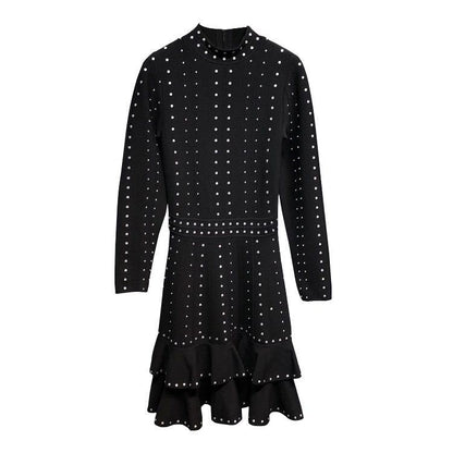 French Chic Hand-Beaded Sequin Knit Dress with Ruffle Details and Waist-Defined Fit