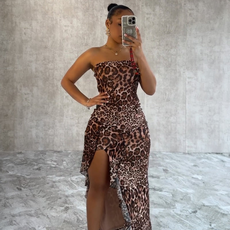 New Sexy Fitted Leopard Print Side-Slit Flirty Style Dress D1993527