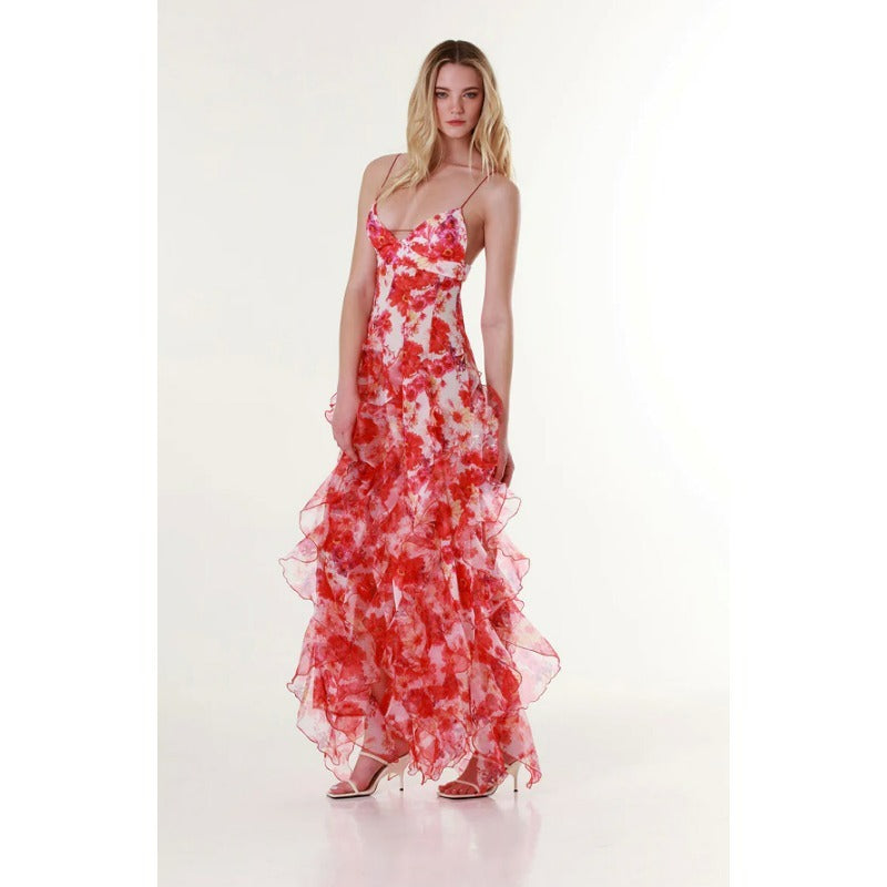 New 2024 Spring/Summer Off-Shoulder European and American Style Fashionable Chiffon Printed Ethereal Maxi Dress with Elegant Evening Gown Appeal