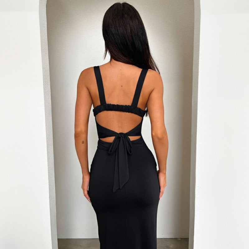 New Slim-Fit Elegant Sleeveless Split Backless Spaghetti Strap Bodycon Dress D1993226