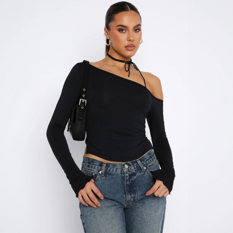 New Fashionable Solid Color Asymmetric Shoulder Fitted Off-Shoulder Sexy Long-Sleeve T-Shirt T1992727