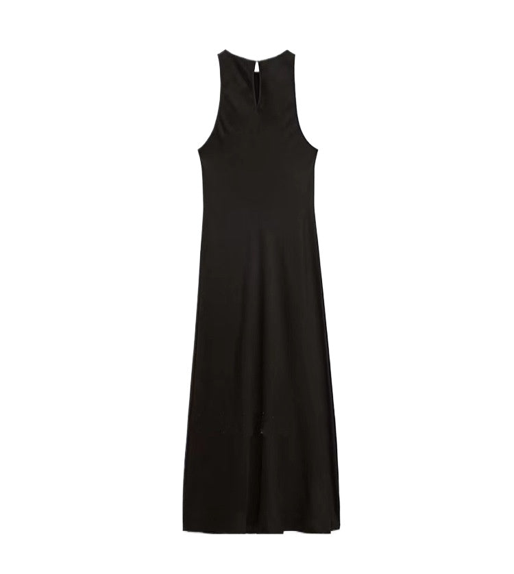 Hepburn-Style Little Black Dress with Waist-Defined Slim Fit and Long Length