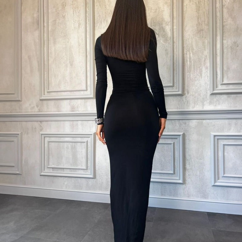 New Fashionable Sexy Slim Fit Solid Color Round Neck Mid Waist Long Sleeve Dress D1992935