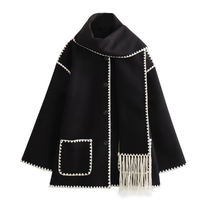 Women's Street Style Scarf Detail Patchwork Wool Coat