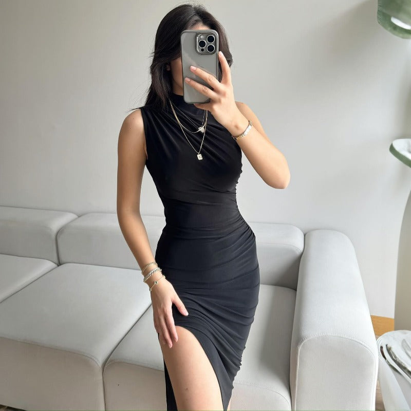 New Solid Color High-Waist Fitted Sexy Sleeveless Maxi Dress for Women D1993376