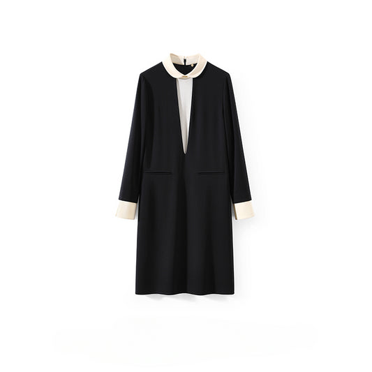 Little Black Dress Series 2024 Commuter Youthful Color-Block Acetate Long Sleeve Dress