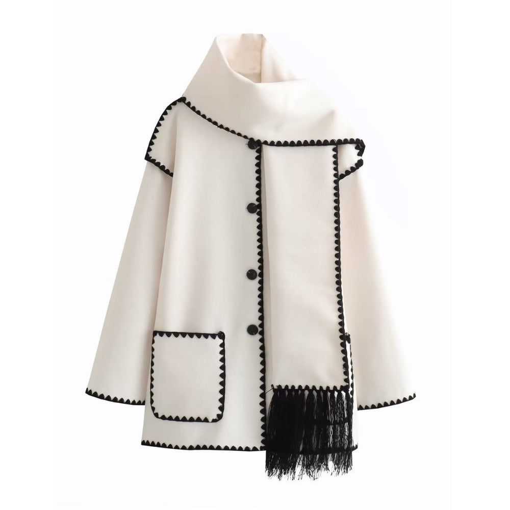 Women's Street Style Scarf Detail Patchwork Wool Coat