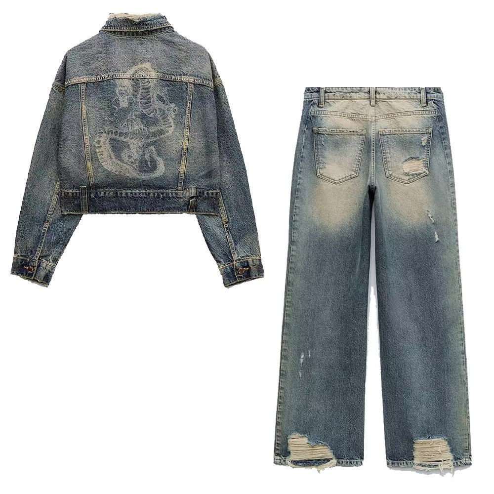 New Turn-Down Collar Loose Distressed Washed Denim Short Jacket and Straight Mid-Rise Jeans 6147095