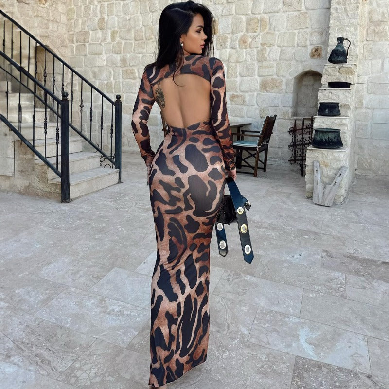 High-Neck Long-Sleeve Backless Sexy Slim-Fit Maxi Dress with Print D1992902