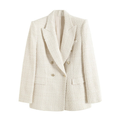 New Women's Textured Double-Breasted Mid-Length Blazer in 4 Colors