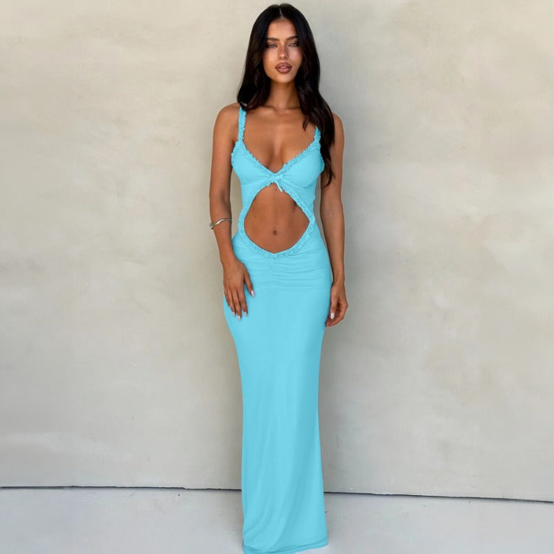 New Spaghetti Strap Ruffle Trim Sleeveless Crop Top Bodycon Maxi Dress D1993475