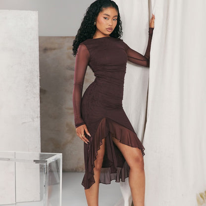 New Fashionable Sheer Mesh Patchwork Long-Sleeve Fitted Side-Slit Ruffled Edge Dress D1992860