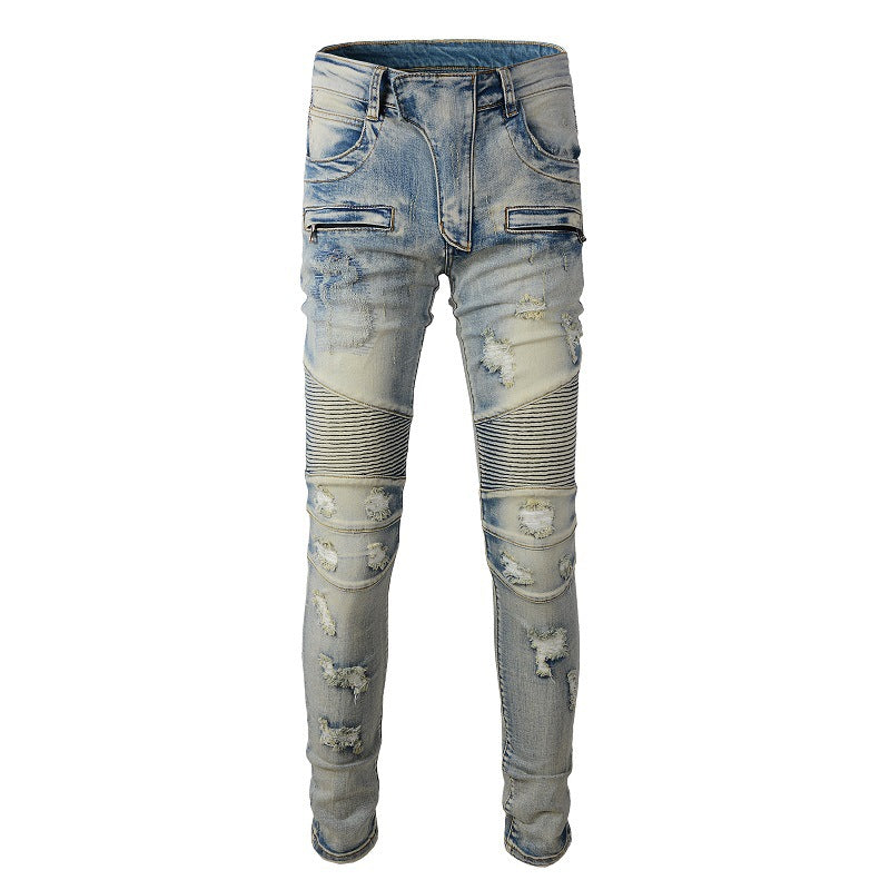 Hand-worn Beggar Style Old Slim-fitting Elastic Tide Brand Tailoring Locomotive Jeans