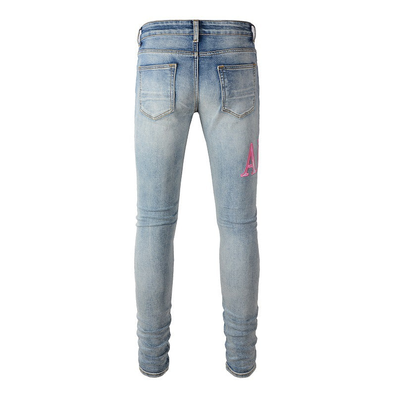 European and American High Street Jeans Men's Ripped Patch Slim and Thin Small Feet Jeans Pants #1316