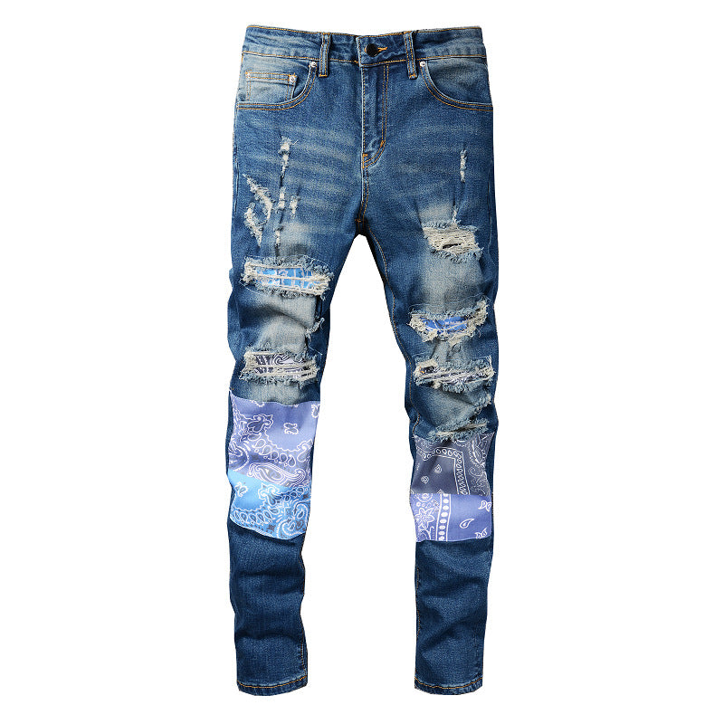 High Street Trendy Jeans Men's Ripped Patch Jeans Trendy Slim Fit Pants #832