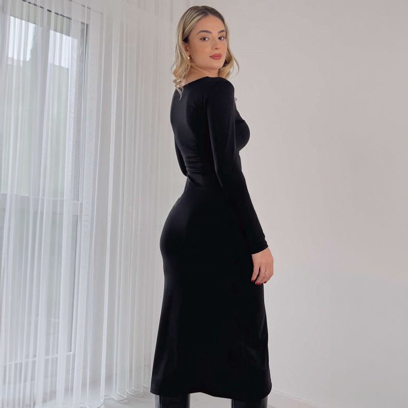 New Fashionable Asymmetric Neckline Solid Color Long-Sleeve Fitted Side-Slit Dress for Women D1993126