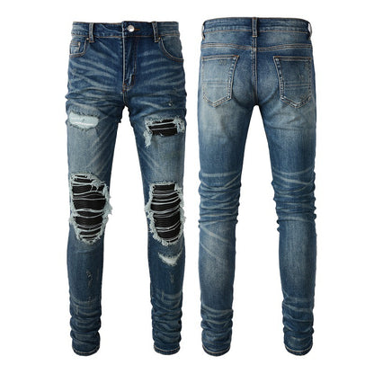 High Street Trend Jeans Trendy Men's Ripped Patch Beggar Jeans