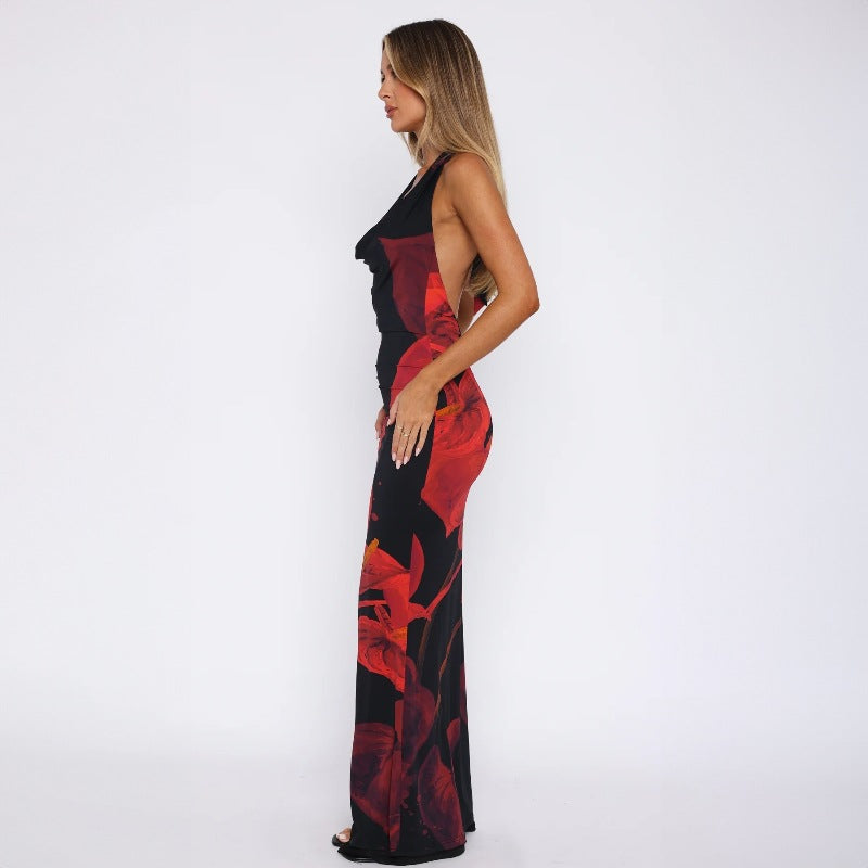 New Fashion Sexy Slim Fit V-Neck Halter Dress with Floral Print for Hot Girls  D1993530