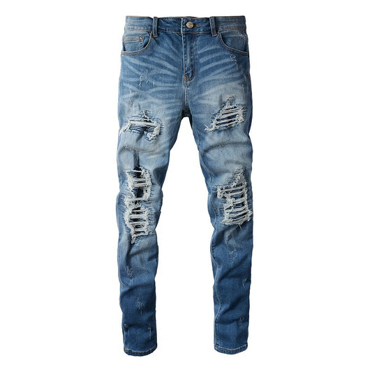 High Street Jeans Trendy Men's Ripped Patch Beggar Jeans Korean Version #6513