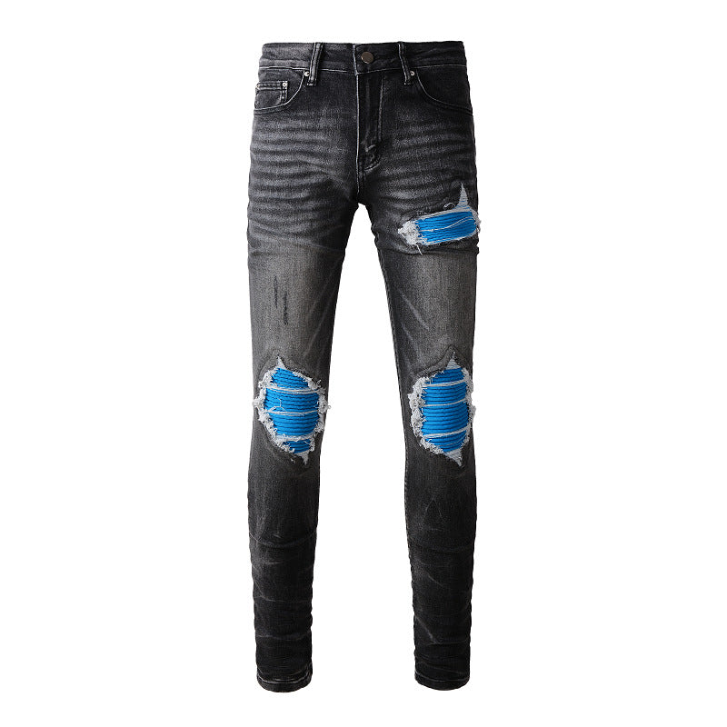 High Street Jeans Trendy Men's Ripped Blue Patch Beggar Slim Jeans #1337