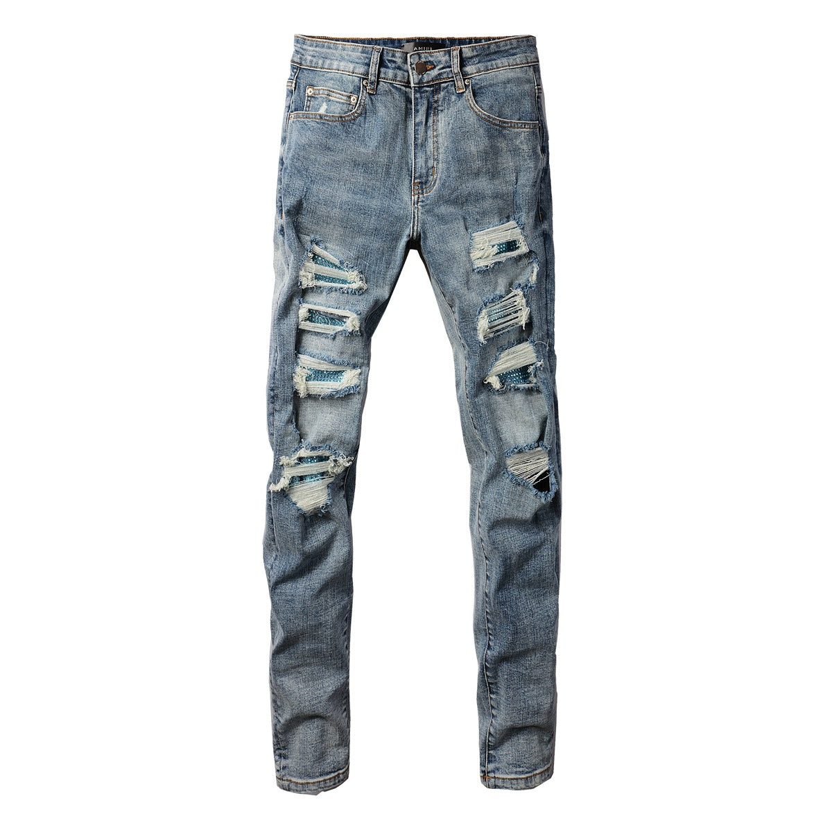 Fashionable Slim Fit Denim with a Washed Effect and Blue Rhinestone Embellishments