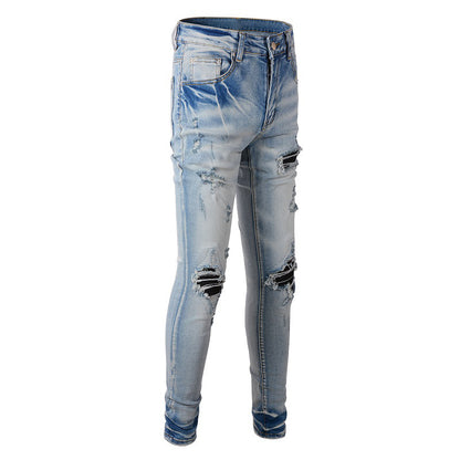 High Street Trendy Jeans Men's Ripped Patch Jeans Trendy Slim-Fit Pants