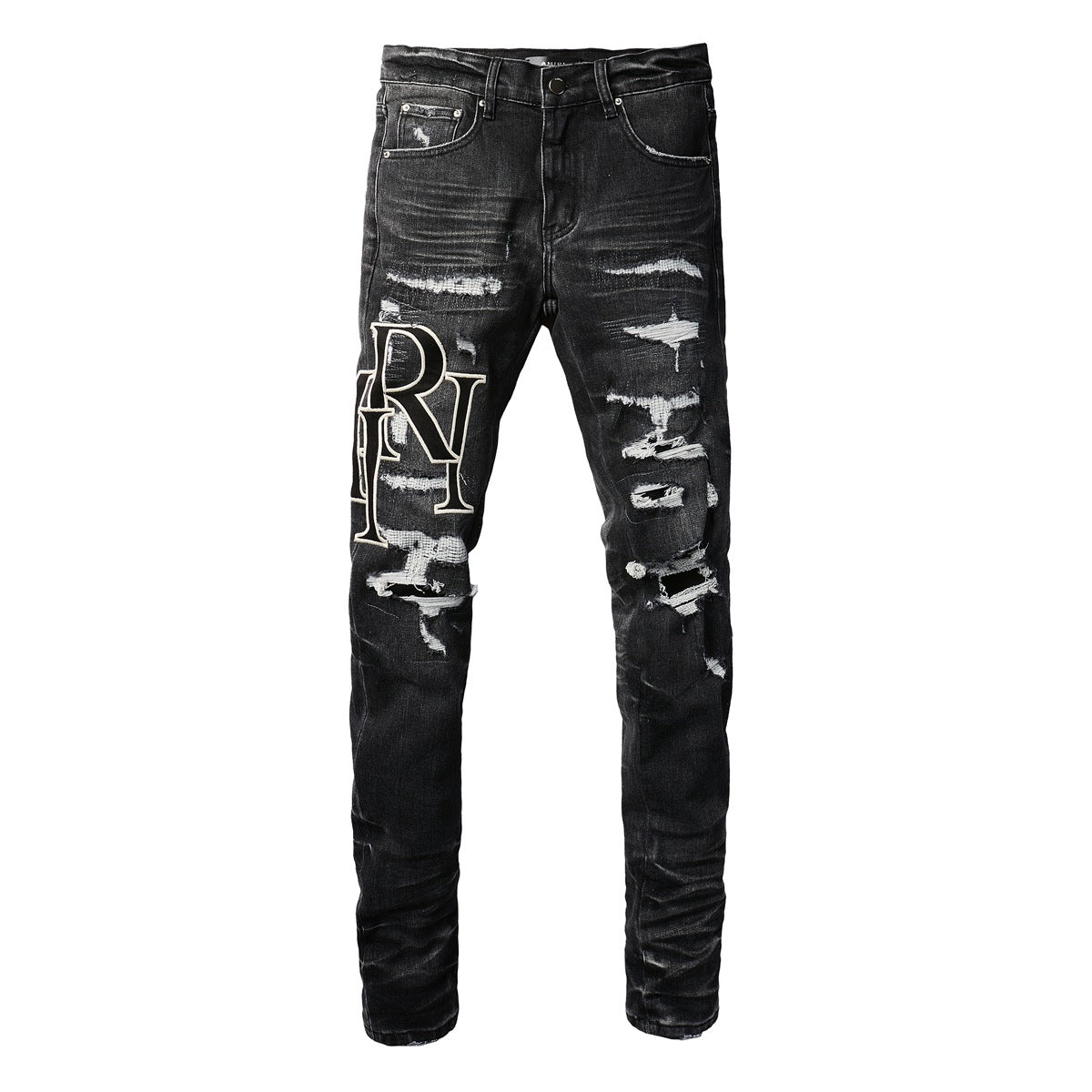 Stylish Black Distressed Jeans with Washed Effect and Unique Lettered Patchwork and Rips 8836