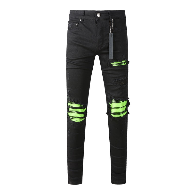 Black Skinny Ripped Jeans 8880 with Green Patchwork for a Bold Look