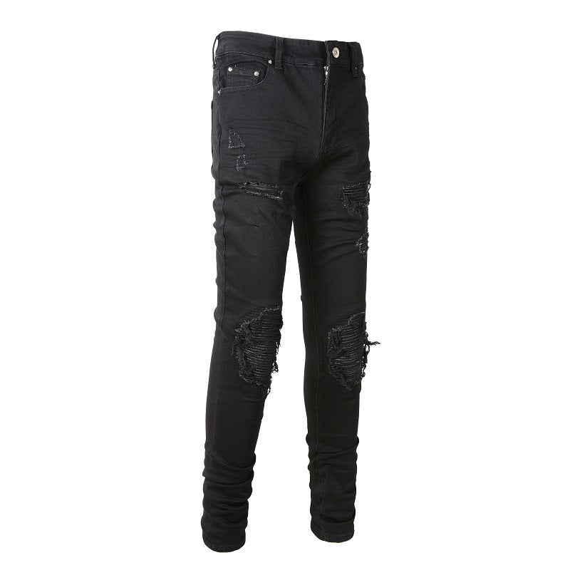 Men's Slim Fit Black Jeans with Wrinkled Details, Patches, and Ripped Design