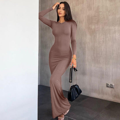 New Fashionable Sexy Slim Fit Solid Color Round Neck Mid Waist Long Sleeve Dress D1992935