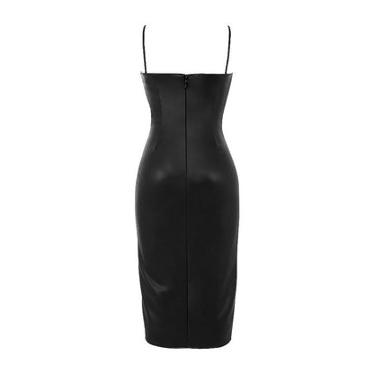 Sexy PU Leather Ruched Bodycon Dress with Straps for Nightclub and Party