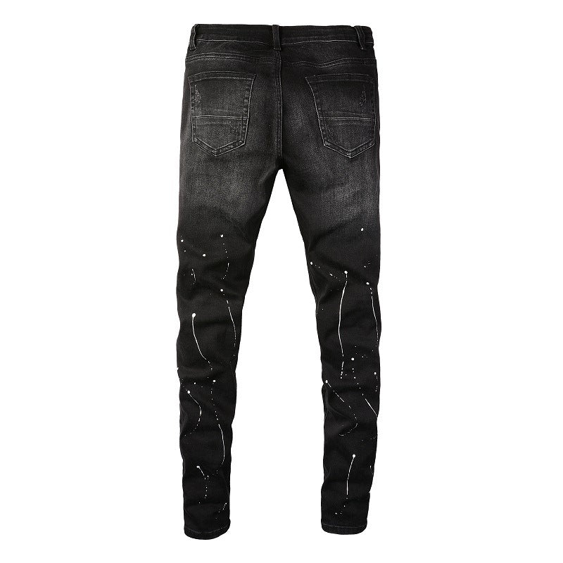 8616 Cross-border Jeans Trendy Brand Paint Ripped Patch Men's Jeans Slim High Street