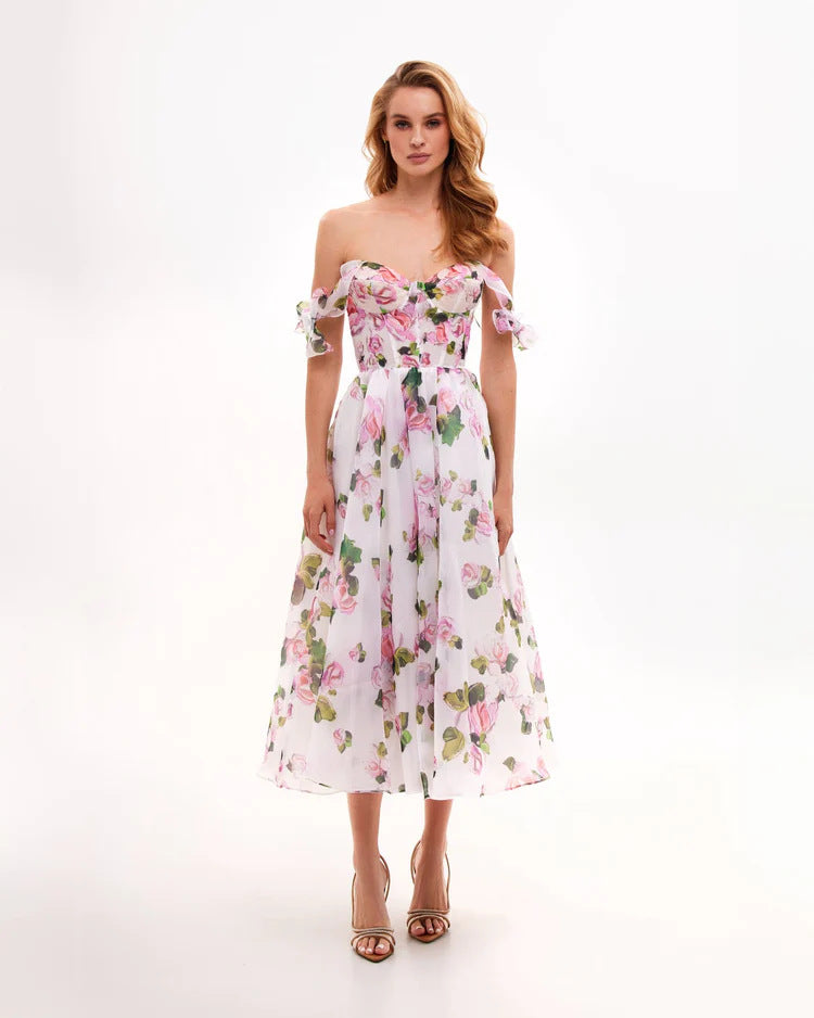 New 2024 Spring/Summer Off-Shoulder European and American Fashion Organza Ethereal Midi Dress with Elegant Evening Gown Appeal