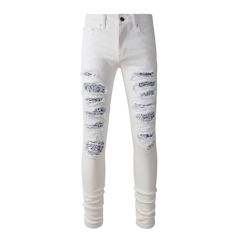 High Street Trendy White Slim-Fit Elastic Ripped Patch Denim Casual Pants #843