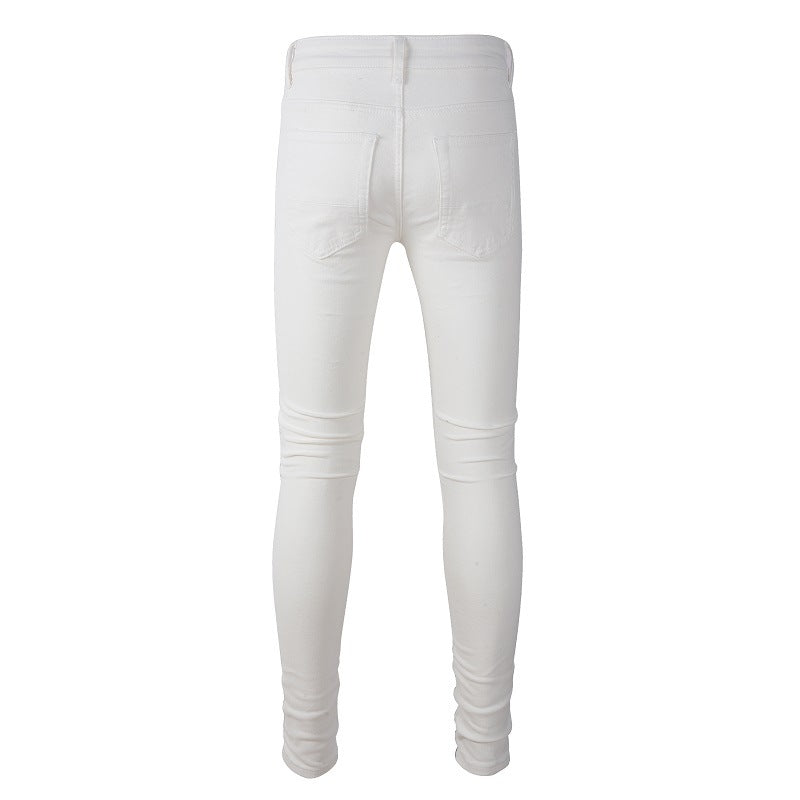 High Street Trendy Men's Slim-Fit Jeans Ripped Patch Trendy Brand Pants White Casual Jeans 592