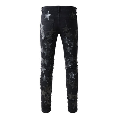 691 High Street Trend Brand Black Pentagram Jeans Young Men's Elastic Slim Small Foot Jeans