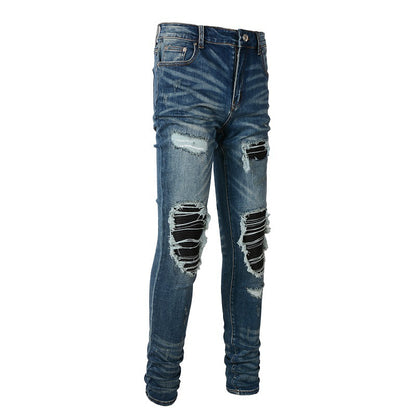 High Street Trend Jeans Trendy Men's Ripped Patch Beggar Jeans