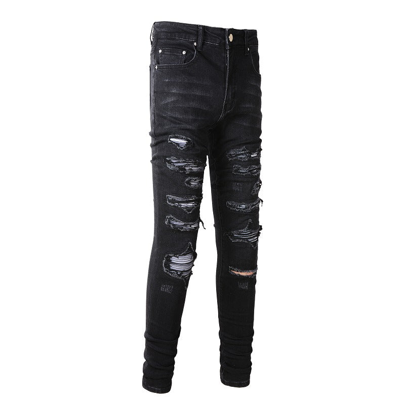 Slim Fit Stretch Black Washed Jeans with Versatile Faux Leather Accents