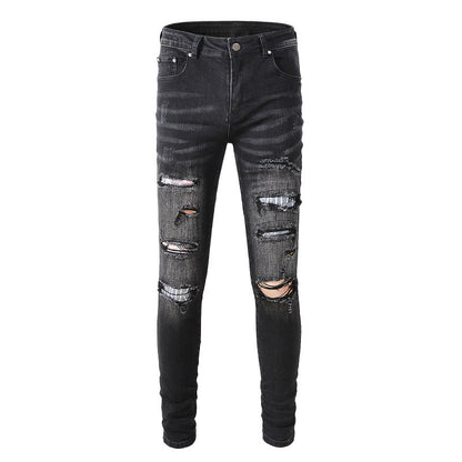 Street Denim Ripped Micro-elastic Cotton Youth Black Paint-splashed Back Bag Print Skinny Jeans #859