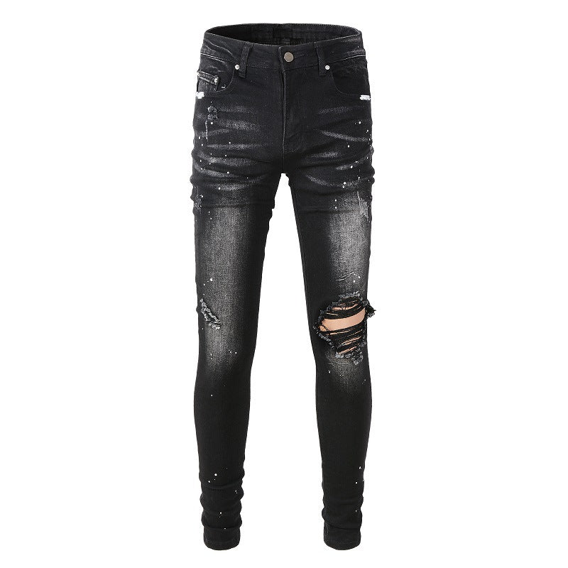 845 European and American Street Tide Ripped Patch Jeans High Street Tide Slim Pants Denim