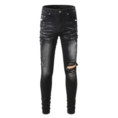 845 European and American Street Tide Ripped Patch Jeans High Street Tide Slim Pants Denim