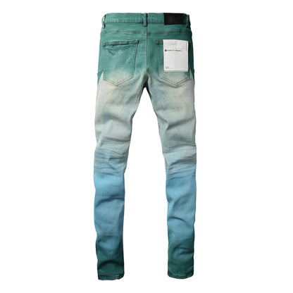 New Pop Style Mens Creases Pants Skinny Purple Denim Cyan-Blue Jeans PB9047A