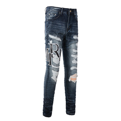 European and American Street Tide Fashion Letter Embroidery Ripped Patch Tide Slim-fit Small Foot Jeans