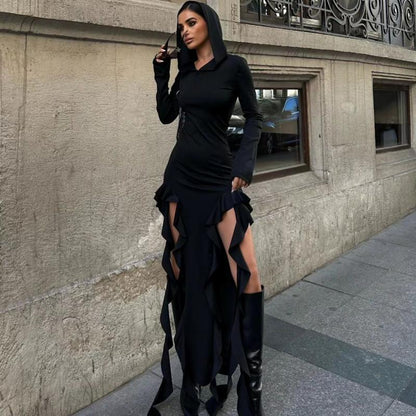 Hot-Selling New Fashionable Trendy Ruffled Edge Patchwork Long-Sleeve Hooded Asymmetrical Dress D1992998